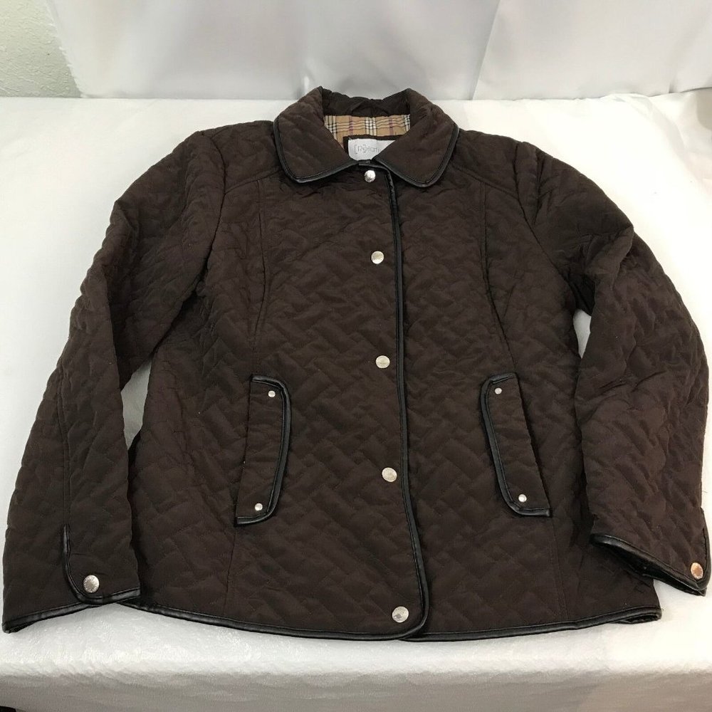 Relativity Womens M Brown Quilted Jacket Snap Button Black Faux Trim Coat Collar